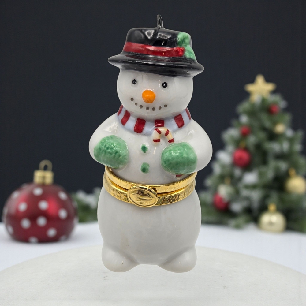 Vintage Hallmark Snowman Porcelain Hinged Trinket Box Ornament Signed LJV PHTB